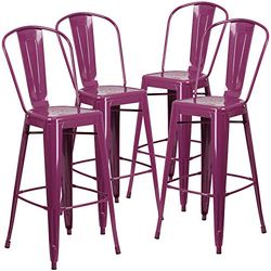 Flash Furniture Conjunto de 4 bancos de metal de grau comercial de 30 polegadas de altura para interiores e exteriores com encosto, roxo, 4 unidades