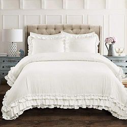Lush Decor Ella – Parure de lit 3 pièces Vintage Chic en Dentelle à Volants, très Grand lit, Blanc et mélange de Polyester