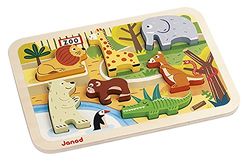 Janod - Chunky Puzzle - Quebra-cabeça de madeira 7 peças, animais zoológicos - concentração fina motorizada - desde 18 meses, J07022