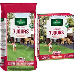 VILMORIN - Gazon 7 jours - Premières pousses dès 1 semaine - Pour créer un nouveau gazon/regarnir un gazon ancien - Se sème toute l'année, Vert, 5 kg & 4460715 Gazon 7 Jours, Vert, 3 kg