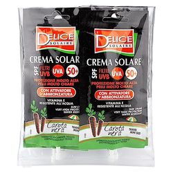 Delice Solaire Crema Solare Mini Size, Protezione Molto Alta SPF50+, con Attivatore d'Abbronzatura Carota Nera, Resistente all'Acqua, Dermatologicamente Testato - 6 Bustine x 50ML