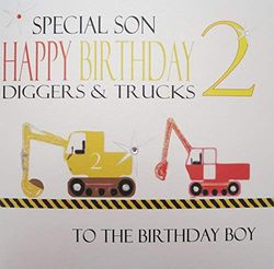 WHITE COTTON CARDS Grote graafmachine en vrachtwagen, Special Son Happy Birthday 2 graafmachines en vrachtwagens handgemaakt 2e verjaardag