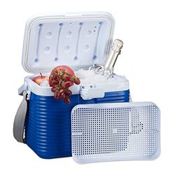 Relaxdays kleine koelbox, met greep, schouderband, kunststof koeltas, zonder stroom, 8 L, HBD 23.5x31x21 cm, wit-blauw