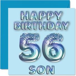 56e verjaardagskaart voor zoon - blauwe glitter feestballonnen - gelukkige verjaardagskaarten voor 56-jarige zoon van mama papa ouders, 145 mm x 145 mm verjaardagskaarten cadeau