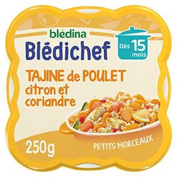 Blédina - Blédichef - Repas Bébé 15 Mois - Plat Bébé Tajine de Poulet Citron Coriandre - Petits Morceaux - 100% Ingrédients d'Origine Naturelle - Dès 15 Mois - 1 Assiette de 250g