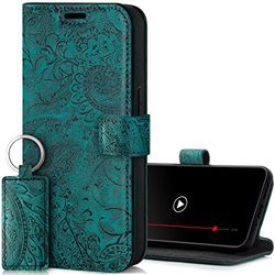 SURAZO Custodia in pelle per Samsung Galaxy A25, pieghevole, in vera pelle, magnetica, scomparto per carte di credito, protezione RFID, motivo floreale, colore: turchese