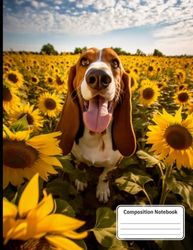 Composition Notebook: Basset Hound In A Sunflower Field, Lined Wide Rule, 8.5 x 11