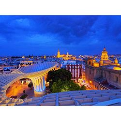 Wee Blue Coo Fotografi stadsbild Sevilla Spanien katedral nattvy lampor canvas tryck