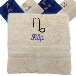 Asciugamano personalizzato con nome ricamato con segni zodiacali Asciugamano personalizzato con segno zodiacale Asciugamano in cotone regalo personalizzato (140 x 70 cm, Capricorno)