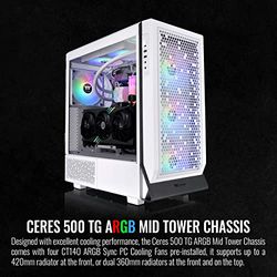 Thermaltake Ceres 500 Snow Edition Mid Tower E-ATX computerbehuizing met zijpaneel van gehard glas; 4 vooraf geïnstalleerde PWM ARGB-ventilatoren; roterende PCIe-sleuven en GPU-houder;