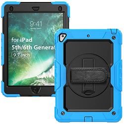 iPad 5/6 Generation (2017/2018) 9.7" Tablet Silicone Case Cover with Stand and 360 Degree Rotating Hand Strap - Light Blue