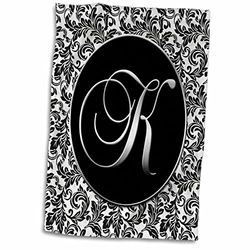3dRose Letter K-Black and Damask Towel, White, 15 x 22-Inch