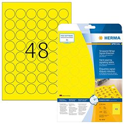HERMA Self Adhesive Film Labels, 48 Labels per A4 Sheet, 25 Sheets, Ø 30 mm, 1200 Labels, Blank Weatherproof Round Labels Stickers, Sticky Dots for Laser & Inkjet Printer, Yellow