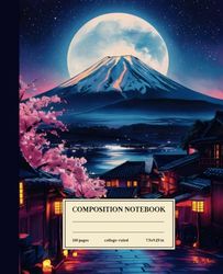 Composition Notebook College Ruled: Moonlit Mount Fuji: Vintage Painting of Mount Fuji Under Moonlit Sky