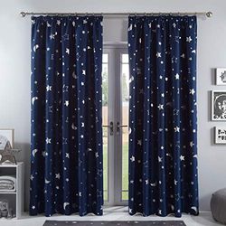 Dreamscene Galaxy Star - Cortinas Opacas térmicas, par de Paneles Plisados metálicos de Luna, Color Azul Marino, 66 x 72 Pulgadas