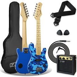 3rd Avenue 1/4 formaat elektrische gitaarpakket voor beginnende kinderen, 5W draagbare versterker, kabel, tas, plectrums en gitaarband - blauw camo