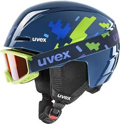 uvex Viti Set, Casco e Maschera da Sci Unisex Bambino, Blue Puzzle, 46-50 cm
