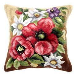 Orchidea Large Cross Stitch Cushion Kit, Poppies on Meadow, 40 x 40cm