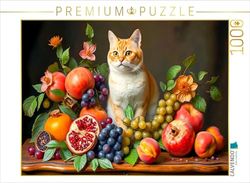 CALVENDO Puzzel kattenportret met weelderig fruit in de stijl van oude meesters | 1000 stukjes legformaat 64 x 48 cm fotopuzzel voor gelukkige uren