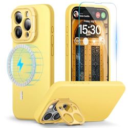 pcgaga Ontworpen voor iPhone 15 Pro Max hoesje en schermbeschermer, siliconen telefoonhoesje met MagSafe, onzichtbare standaard, schokbestendige volledige bescherming met microvezel voering, 6,7 inch,