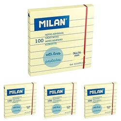 MILAN Bloc 100 notas adhesivas amarillo claro pautadas 76 x 76 mm NUEVO (Paquete de 4)