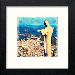 Lumartos, Christ the Redeemer Contemporary Home Decor Wall Art Watercolour Print, Black Wood Frame, 8 x 8 Inches