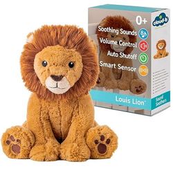 Cloud b Máquina de sonido calmante | Animal de peluche | 4 ruidos blancos y 4 canciones de cuna | Apagado automático | Smart Sensor | Peluche musical de cuna Louis Lion Smart Sensor