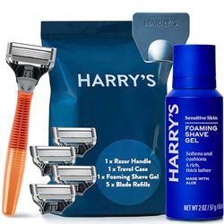 Harry's Razors for Men - Men's Razor Set with Bright Orange Handle, 5 Razor Blade Refills, Travel Blade Cover, 60ml Shave Gel