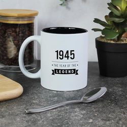 eBuyGB Engraved 1945 Year of The Legend White Black Coffee Mug, 80th Milestone Birthday Gift for Men, Eightieth Gift for Him, 350 ml