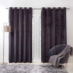 Sienna Capri Matte Velvet Eyelet Curtains Ring Top Pair of Fully Lined Super Soft - Charcoal, 66" wide x 72" drop