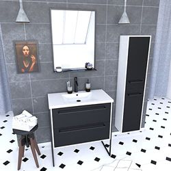 AURLANE Pack Meuble de Salle de Bain 80x50 cm Noir - Vasque résine Blanche + Miroir Noir Mat + Colonne