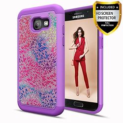 Athchu Mobiltelefonfodral Galaxy A5 2017 fodral med telefon HD displayskydd, glitter bling stötsäker hybrid hård PC mjukt TPU skyddande fodral mobiltelefonfodral för Samsung Galaxy A5 2017 -TB lila