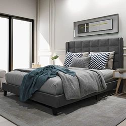 Merax Letto matrimoniale imbottito | 140 x 200 cm | Struttura letto | Rete a doghe | Testiera imbottita | Lino | Adulti | Senza materasso | Grigio