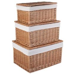 Red Hamper Set of 3 Light Steamed Cotton Lined Wicker Storage Basket, Leather, Brown, 35 x 47 x 27 cm