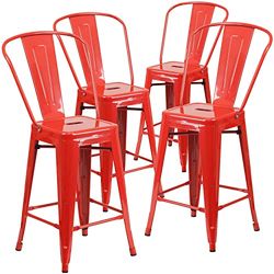 Flash Furniture Lily Banqueta de metal vermelho de grau comercial, 4 unidades, 24 polegadas de altura, para interiores e exteriores, com encosto removível