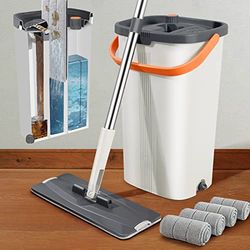 Lascpt Mocio piatto e secchio con set strizzatore, design a 3 camere separa acqua sporca e pulita, uso bagnato e asciutto, mani libere, auto strizzante per la pulizia di pavimenti e pareti, 4 panni in