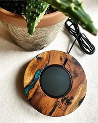 Carica batterie wireless (azzurro, wood: Albero di giuda)