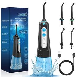 SURFOU Idropulsore Dentale Portatile 4 Modalità 4 Ugelli, 300 ml IPX7 Impermeabile USB Ricaricabile per Viaggi e uso Domestico