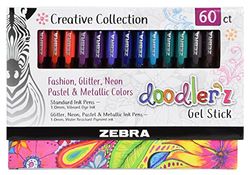 ZEBRA Doodler'z - Bolígrafos de gel Stick de 1,0 mm, colores brillantes, neón y pastel, caja de 60 bolígrafos