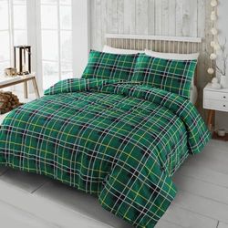 Kampala Hill Flannelette Tartan Check Brushed Cotton Duvet Cover Set Green Bedding Set King
