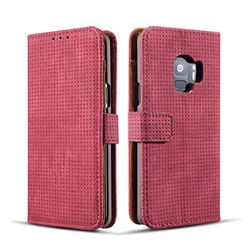Carcasa de telefono Funda de Cuero con Tapa Horizontal Transpirable de Malla for Galaxy S9, con Ranura for Tarjeta, Soporte y Billetera (Negro) (Color : Rojo)