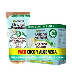 Garnier Original Remedies, Pack Champú Sólido y Acondicionador sin Aclarado Ultra Nutritivo para Pelo Normal, Coco y Aloe Vera Hidratante, Set de 2 Productos