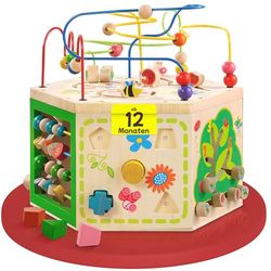 EverEarth Cubo Grande de Madera para desarrollar la motricidad 7 en 1 - Juguete Infantil con Circuito de motricidad 39 x 35,5 x 41 cm - Centro de Juegos con Pinturas al Agua - Cubo de Juego EE33285