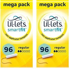 Lil-Lets Non-Applicator Regular Tampons X 96, (12 Packs of 16 Tampons), for Light to Medium Flow, 2 Droplets, Plant-Based, SmartFit Non-App Tampon