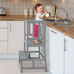 COSYLAND Lärotorn för barn, FSC®-certifierat naturlig bambu, snyggt tippskydd, inlärningstorn, högsta säkerhet, Montessori inlärningstorn från 1 år för köksbord, badrum (grå)