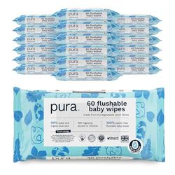 Pura Flushable Baby Wipes - 18 x 60 per pack (1080 Wipes) 100% Plastic Free, 99% Water, Biodegradable, Compostable, Vegan, Monthly Pack, Suitable for Sensitive & Eczema Prone Skin
