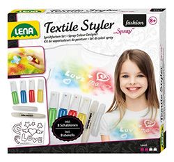 Lena 42597 Kit de Bricolage Textile Styler Spray, kit Complet avec 4 Sprays, 1 Peinture pailletée pour décorer, 8 pochoirs et Crayon de Contour, kit de décoration Textile pour Enfants à partir de 8