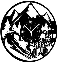 Instant Karma Clocks | Wall Clock | Skier Skiing | Mountain | Sport | No Ticking Home Decoration, HDF Wood, Black, ⌀12inch