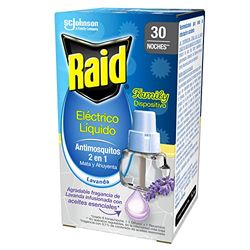 Raid Recambio Eléctrico Líquido Family Lavanda 30 noches - Cargador para aparato enchufe anti mosquitos comunes y tigre 2 en 1, mata y ahuyenta, Fragancia Lavanda