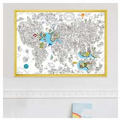 YETI BLANK DESIGNS - Reuzenposter om in te kleuren met 70+ stickers - wereldkaart Atlas - XL (100 x 70 cm) - cadeau-idee poster met stickers - gemakkelijk in te lijsten - enorm kleuren voor kinderen